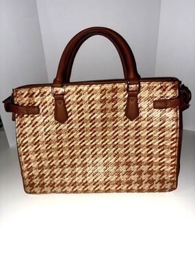 Woven Straw Handbag Brown Cream Faux Leather Trim Neutral Chic Tote